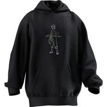 Nmg Tekstil Unisex Premium Pamuk Siyah Saçlı Köylü Samuray Baskılı 3 Iplik Kapüşonlu Sweatshirt