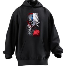 Nmg Tekstil Unisex Premium Pamuk Siyah  Kurukafa Anime Yarım Baskılı 3 Iplik Kapüşonlu Sweatshirt