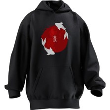 Nmg Tekstil Unisex Premium Pamuk Siyah  Japon Balina Baskılı 3 Iplik Kapüşonlu Sweatshirt