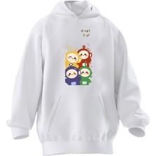Nmg Tekstil Unisex Premium Pamuk Beyaz Teletabiler Çizim Baskılı 3 Iplik Kapüşonlu Sweatshirt