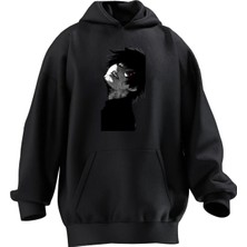 Nmg Tekstil Unisex Premium Pamuk Siyah  Kırmızı Gözlü Anime Erkek Karakter Baskılı 3 Iplik Kapüşonlu Sweatshirt
