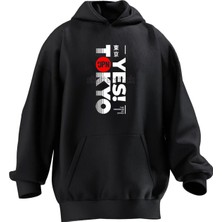 Nmg Tekstil Unisex Premium Pamuk Siyah Yes Tokyo Baskılı 3 Iplik Kapüşonlu Sweatshirt