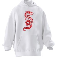 Nmg Tekstil Unisex Premium Pamuk Beyaz  Kırmızı Dragon Ejderha Baskılı 3 Iplik Kapüşonlu Sweatshirt