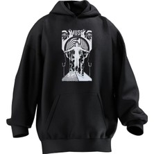 Nmg Tekstil Unisex Premium Pamuk Siyah  Muse Desen Poster Baskılı 3 Iplik Kapüşonlu Sweatshirt