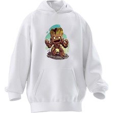 Nmg Tekstil Unisex Premium Pamuk Beyaz  Ağaç Adam Kızgın Baskılı 3 Iplik Kapüşonlu Sweatshirt