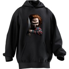 Nmg Tekstil Unisex Premium Pamuk Siyah  Bıçaklı Chucky Baskılı 3 Iplik Kapüşonlu Sweatshirt