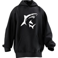 Nmg Tekstil Unisex Premium Pamuk Siyah  Köpek Balığı Baskılı 3 Iplik Kapüşonlu Sweatshirt