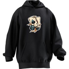 Nmg Tekstil Unisex Premium Pamuk Siyah Zar Kart Baskılı 3 Iplik Kapüşonlu Sweatshirt