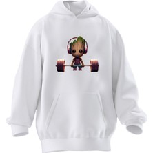 Nmg Tekstil Unisex Premium Pamuk Beyaz  Ağaç Çocuk Gym Baskılı 3 Iplik Kapüşonlu Sweatshirt