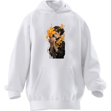 Nmg Tekstil Unisex Premium Pamuk Beyaz Turuncu Yapraklı Kız Baskılı 3 Iplik Kapüşonlu Sweatshirt