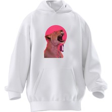 Nmg Tekstil Unisex Premium Pamuk Beyaz  Aslan Dolunay Baskılı 3 Iplik Kapüşonlu Sweatshirt