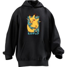 Nmg Tekstil Unisex Premium Pamuk Siyah  Electiric Pikachu Baskılı 3 Iplik Kapüşonlu Sweatshirt