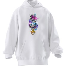 Nmg Tekstil Unisex Premium Pamuk Beyaz  Kupa Kedi Baskılı 3 Iplik Kapüşonlu Sweatshirt