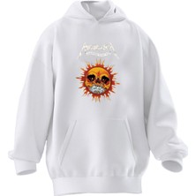 Nmg Tekstil Unisex Premium Pamuk Beyaz  Güneş Metallica Baskılı 3 Iplik Kapüşonlu Sweatshirt