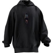 Nmg Tekstil Unisex Premium Pamuk Siyah  Bisikletli Kız Baskılı 3 Iplik Kapüşonlu Sweatshirt