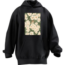 Nmg Tekstil Unisex Premium Pamuk Siyah  Çiçekler Arası Sincap Baskılı 3 Iplik Kapüşonlu Sweatshirt