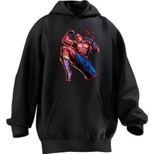 Nmg Tekstil Unisex Premium Pamuk Siyah  Gözler Bağlı Dövüşçü Baskılı 3 Iplik Kapüşonlu Sweatshirt