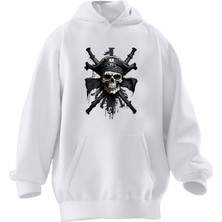 Nmg Tekstil Unisex Premium Pamuk Beyaz  Korsan Kurukafa Baskılı 3 Iplik Kapüşonlu Sweatshirt