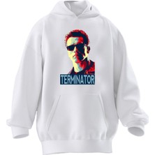 Nmg Tekstil Unisex Premium Pamuk Beyaz Terminatör Silik Çizim Baskılı 3 Iplik Kapüşonlu Sweatshirt