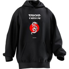 Nmg Tekstil Unisex Premium Pamuk Beyaz Tokyo Dragon Baskılı 3 Iplik Kapüşonlu Sweatshirt