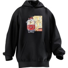 Nmg Tekstil Unisex Premium Pamuk Siyah  Nostalji Tramvay Baskılı 3 Iplik Kapüşonlu Sweatshirt