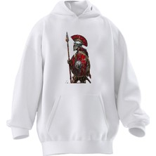 Nmg Tekstil Unisex Premium Pamuk Beyaz Spartaa Baskılı 3 Iplik Kapüşonlu Sweatshirt