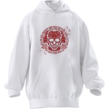 Nmg Tekstil Unisex Premium Pamuk Beyaz  Kırmızı Kurukafa Bar Baskılı 3 Iplik Kapüşonlu Sweatshirt