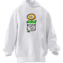 Nmg Tekstil Unisex Premium Pamuk Beyaz Süper Mario Çiçek Baskılı 3 Iplik Kapüşonlu Sweatshirt