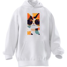 Nmg Tekstil Unisex Premium Pamuk Beyaz  Renkli Kedi Baskılı 3 Iplik Kapüşonlu Sweatshirt