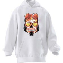 Nmg Tekstil Unisex Premium Pamuk Beyaz Şeytan Kurukafa Sosis Baskılı 3 Iplik Kapüşonlu Sweatshirt