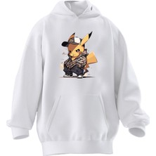 Nmg Tekstil Unisex Premium Pamuk Beyaz  Pikachu Şapka Baskılı 3 Iplik Kapüşonlu Sweatshirt