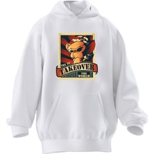 Nmg Tekstil Unisex Premium Pamuk Beyaz Takeover Maymun Baskılı 3 Iplik Kapüşonlu Sweatshirt