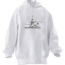 Nmg Tekstil Unisex Premium Pamuk Beyaz  Kız Kulesi Baskılı 3 Iplik Kapüşonlu Sweatshirt