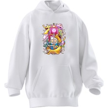 Nmg Tekstil Unisex Premium Pamuk Beyaz Unicornlar Desen Baskılı 3 Iplik Kapüşonlu Sweatshirt