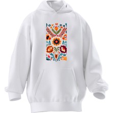 Nmg Tekstil Unisex Premium Pamuk Beyaz  Çiçek Halı Deseni Baskılı 3 Iplik Kapüşonlu Sweatshirt