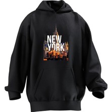 Nmg Tekstil Unisex Premium Pamuk Siyah  New York Poster Baskılı 3 Iplik Kapüşonlu Sweatshirt