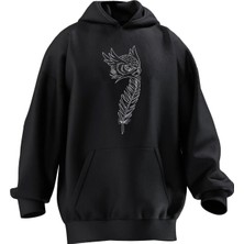 Nmg Tekstil Unisex Premium Pamuk Siyah  Baykuş Taşlı Desen Baskılı 3 Iplik Kapüşonlu Sweatshirt
