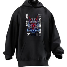Nmg Tekstil Unisex Premium Pamuk Siyah  Angry Red Oni Mask Baskılı 3 Iplik Kapüşonlu Sweatshirt