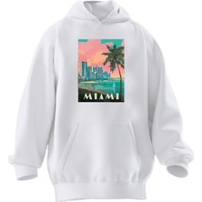 Nmg Tekstil Unisex Premium Pamuk Beyaz  Miami Sahil Çizim Baskılı 3 Iplik Kapüşonlu Sweatshirt