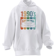 Nmg Tekstil Unisex Premium Pamuk Beyaz  1990 Kaset Baskılı 3 Iplik Kapüşonlu Sweatshirt
