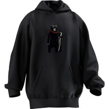 Nmg Tekstil Unisex Premium Pamuk Siyah  Kaykaylı Ayı Baskılı 3 Iplik Kapüşonlu Sweatshirt