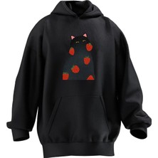 Nmg Tekstil Unisex Premium Pamuk Siyah  Kedi Çilekli Baskılı 3 Iplik Kapüşonlu Sweatshirt