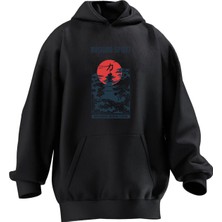 Nmg Tekstil Unisex Premium Pamuk Siyah  Bushidospirit Baskılı 3 Iplik Kapüşonlu Sweatshirt