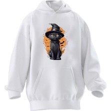 Nmg Tekstil Unisex Premium Pamuk Beyaz Yarasa Kedi Şirin Baskılı 3 Iplik Kapüşonlu Sweatshirt