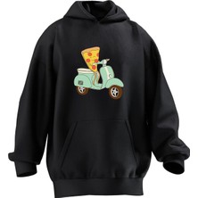 Nmg Tekstil Unisex Premium Pamuk Siyah  Pizza Scoter Baskılı 3 Iplik Kapüşonlu Sweatshirt