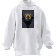 Nmg Tekstil Unisex Premium Pamuk Beyaz Sarı Parıltılı Dövüşcü Baskılı 3 Iplik Kapüşonlu Sweatshirt