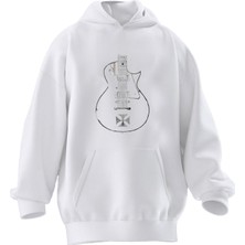 Nmg Tekstil Unisex Premium Pamuk Beyaz Yonca Yaprağı Gitar Baskılı 3 Iplik Kapüşonlu Sweatshirt