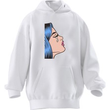 Nmg Tekstil Unisex Premium Pamuk Beyaz  Ağlayan Mavi Saçlı Kız Baskılı 3 Iplik Kapüşonlu Sweatshirt