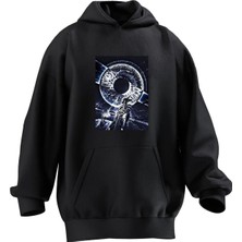 Nmg Tekstil Unisex Premium Pamuk Siyah  Cosmic Battle Baskılı 3 Iplik Kapüşonlu Sweatshirt