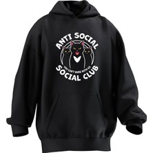 Nmg Tekstil Unisex Premium Pamuk Siyah  Anti Social Kedi Baskılı 3 Iplik Kapüşonlu Sweatshirt